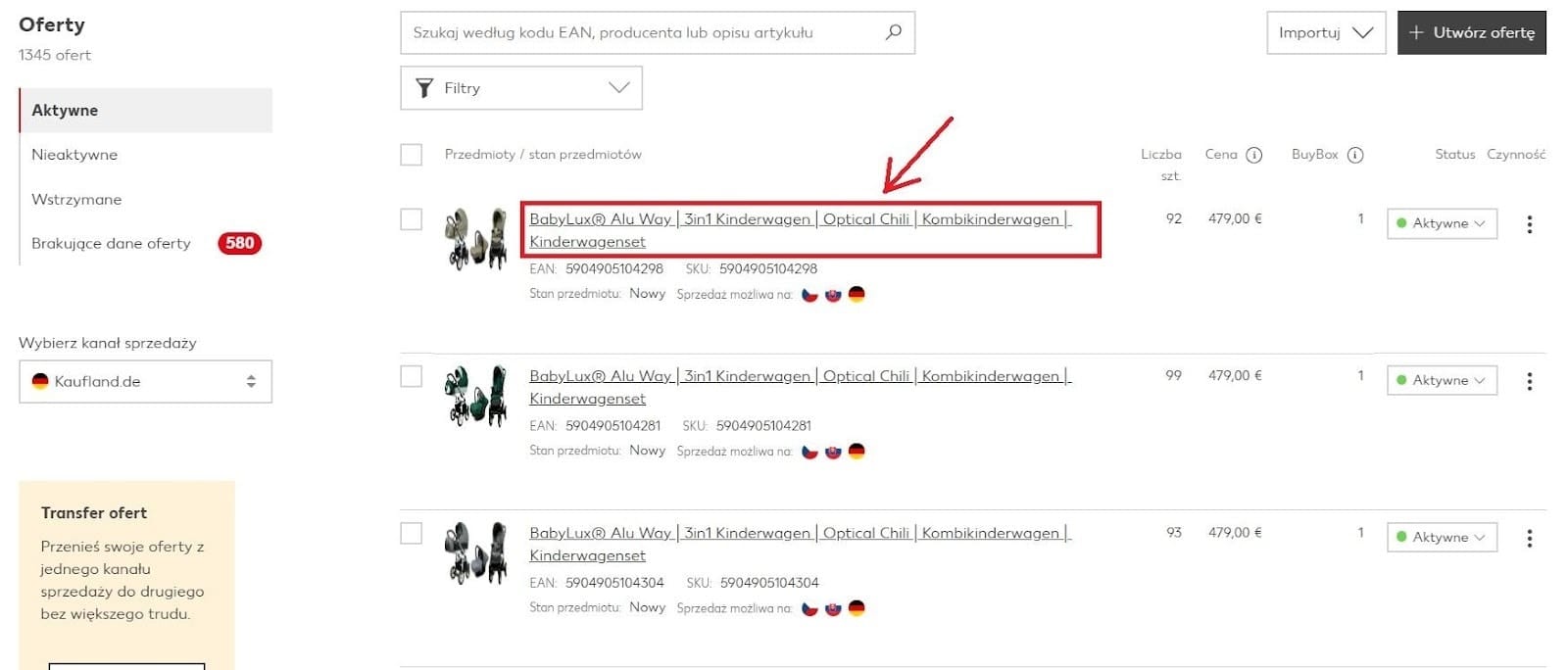Wyszukaj ofertę, dla której chcesz dodać Rich Content