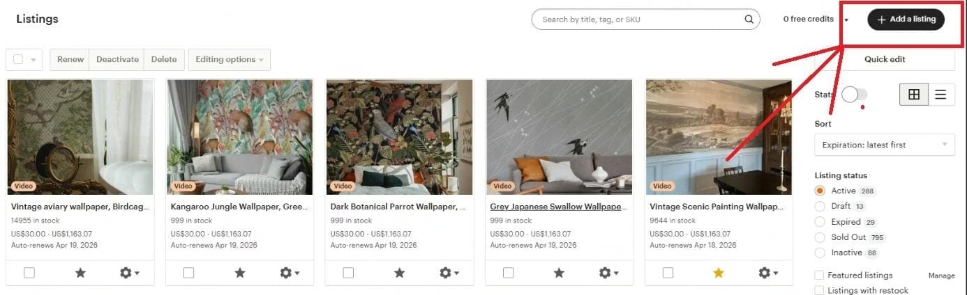 W panelu listingów kliknij „Add a listing” w prawym górnym rogu.