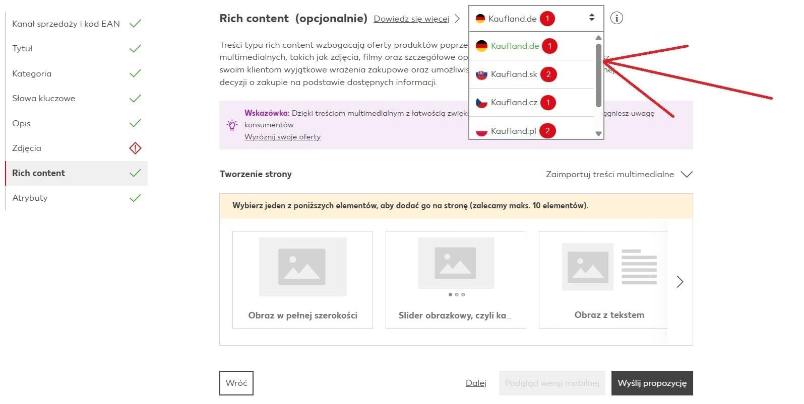 Wybierz rynek, na którym chcesz wprowadzić Rich Content.