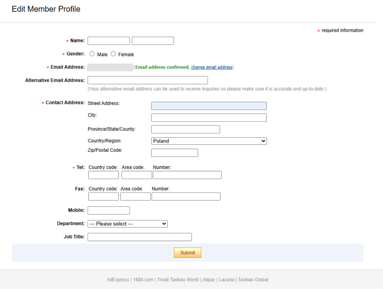 Formularz Edit Member Profile na Alibaba — dane kontaktowe sprzedawcy