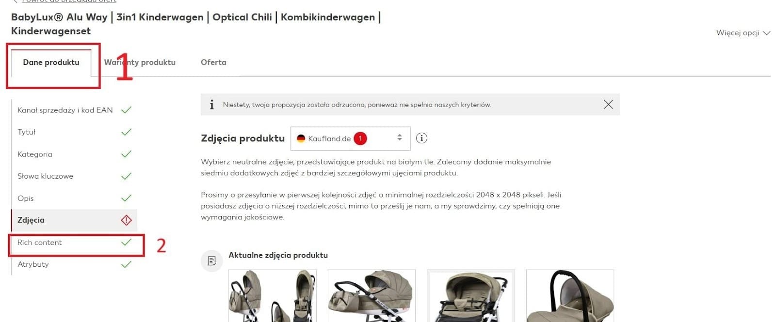 Wybierz zakładkę „Dane produktu”. Ukaże Ci się lista rzeczy do edycji, w tym „Rich Content”.
