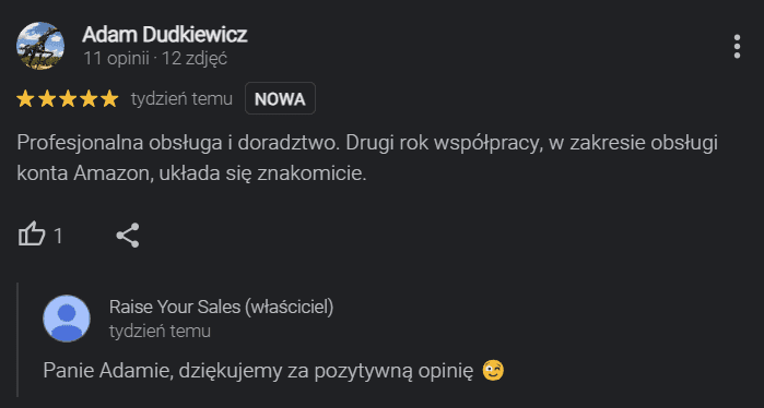 Opinia Google klienta marki RoadEU o współpracy z Raise Your Sales