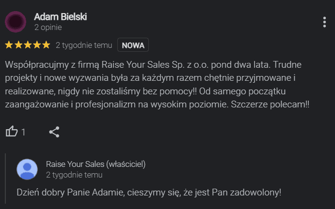 Opinia Google klienta marki SuperProfile o współpracy z Raise Your Sales