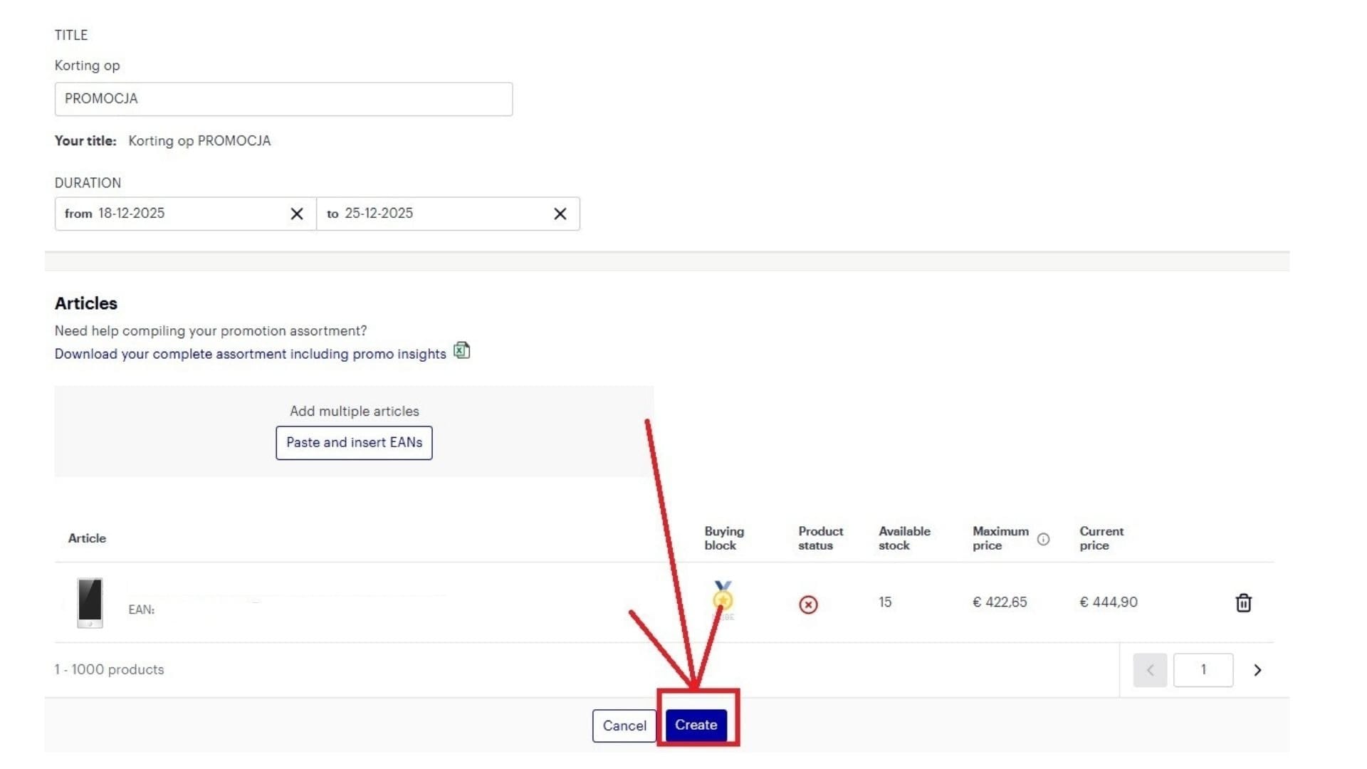Po dodaniu produktów kliknij “Create”, aby utworzyć promocję.
