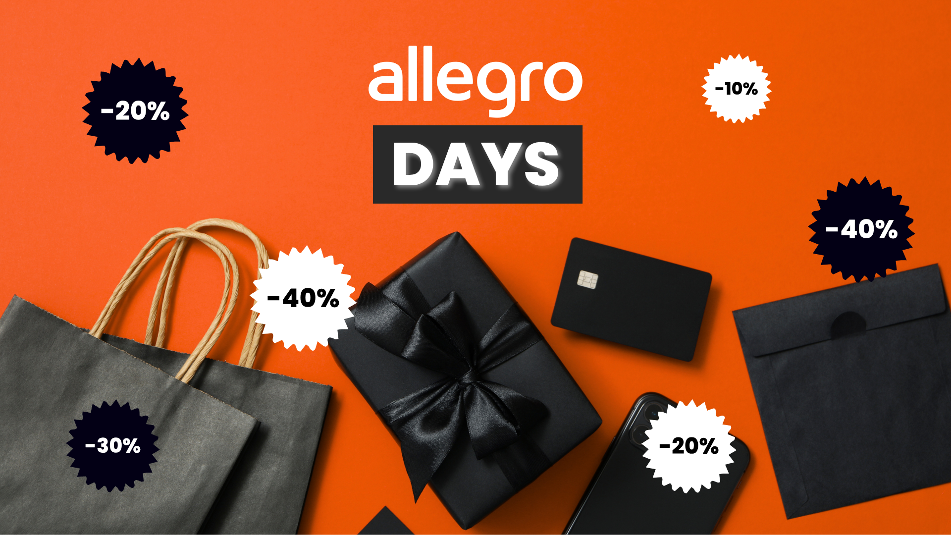 Logo Allegro Days na pomarańczowym tle, torby zakupowe, prezent, karta płatnicza i znaczki rabatów od -10% do -40%