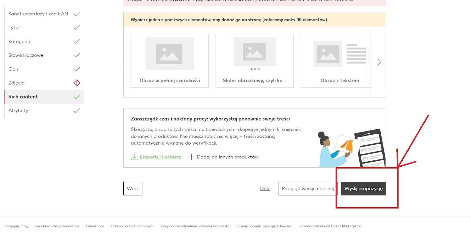 Aby ostatecznie zaakceptować i opublikować stworzony Rich Content, kliknij „Wyślij propozycję”