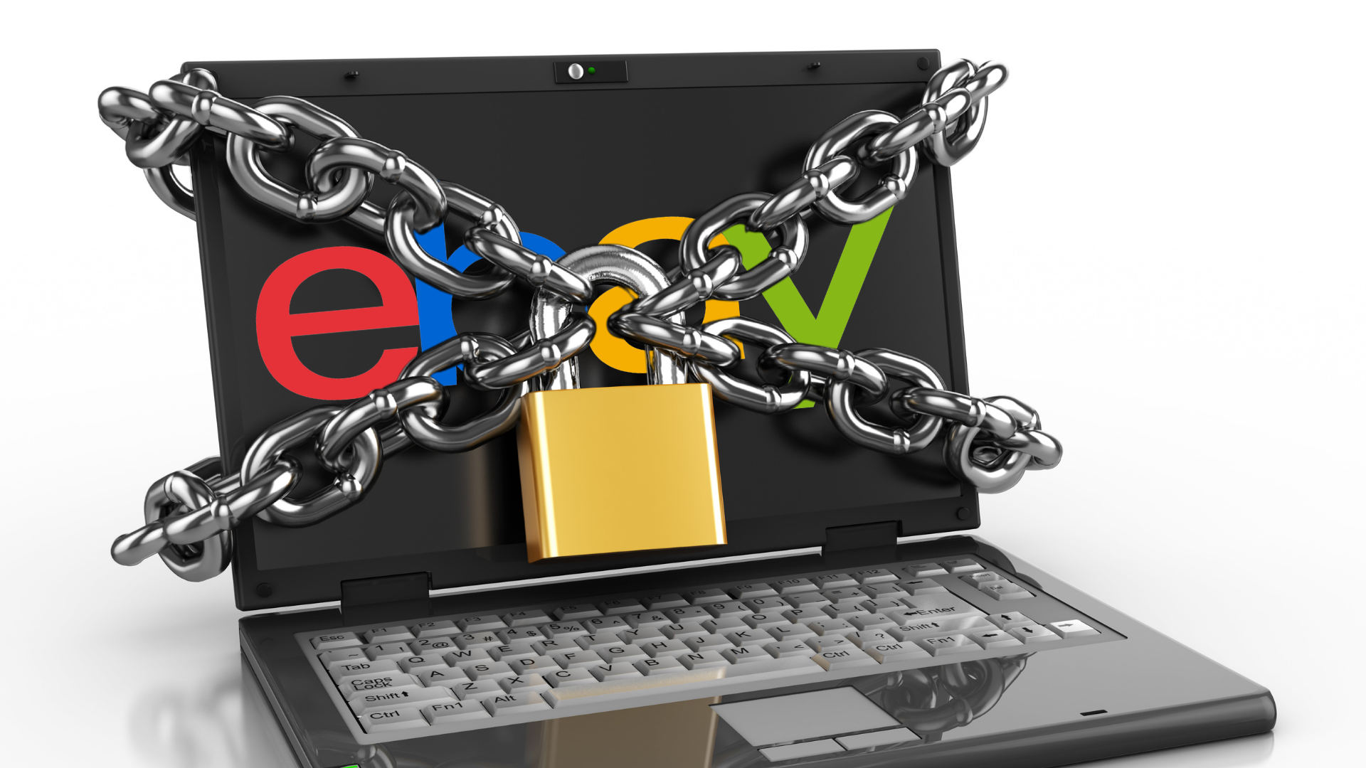 Laptop z logo eBay na ekranie skuty łańcuchami i zamknięty złotą kłódką – symbol blokady konta eBay