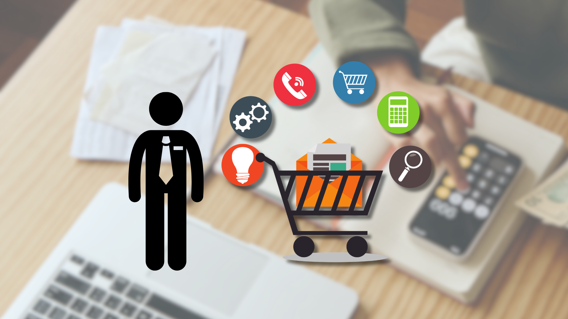 Piktogram menedżera przy koszyku zakupowym, wokół ikony telefonu, kalkulatora i lupy – obowiązki E-commerce Managera