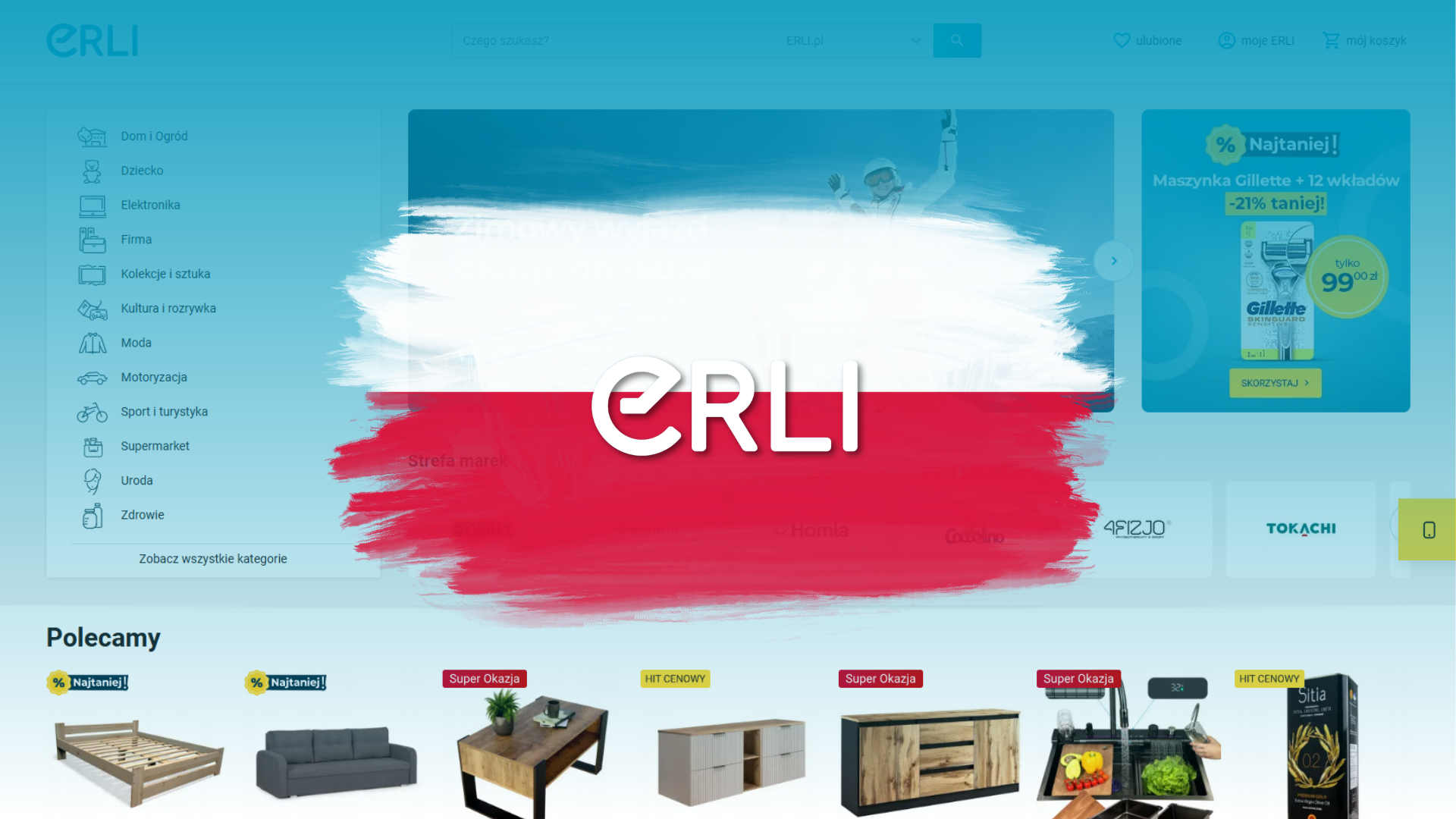 Logo ERLI na biało-czerwonej fladze, w tle strona erli.pl z kategoriami Dom i Ogród, Moda, Elektronika i Uroda