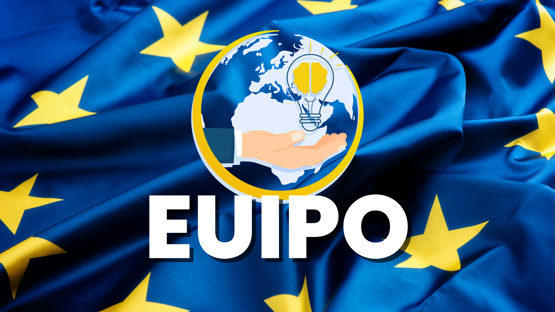 Dłoń trzymająca żarówkę z mózgiem na tle globu i flagi UE oraz biały napis EUIPO – ochrona marki w całej Unii
