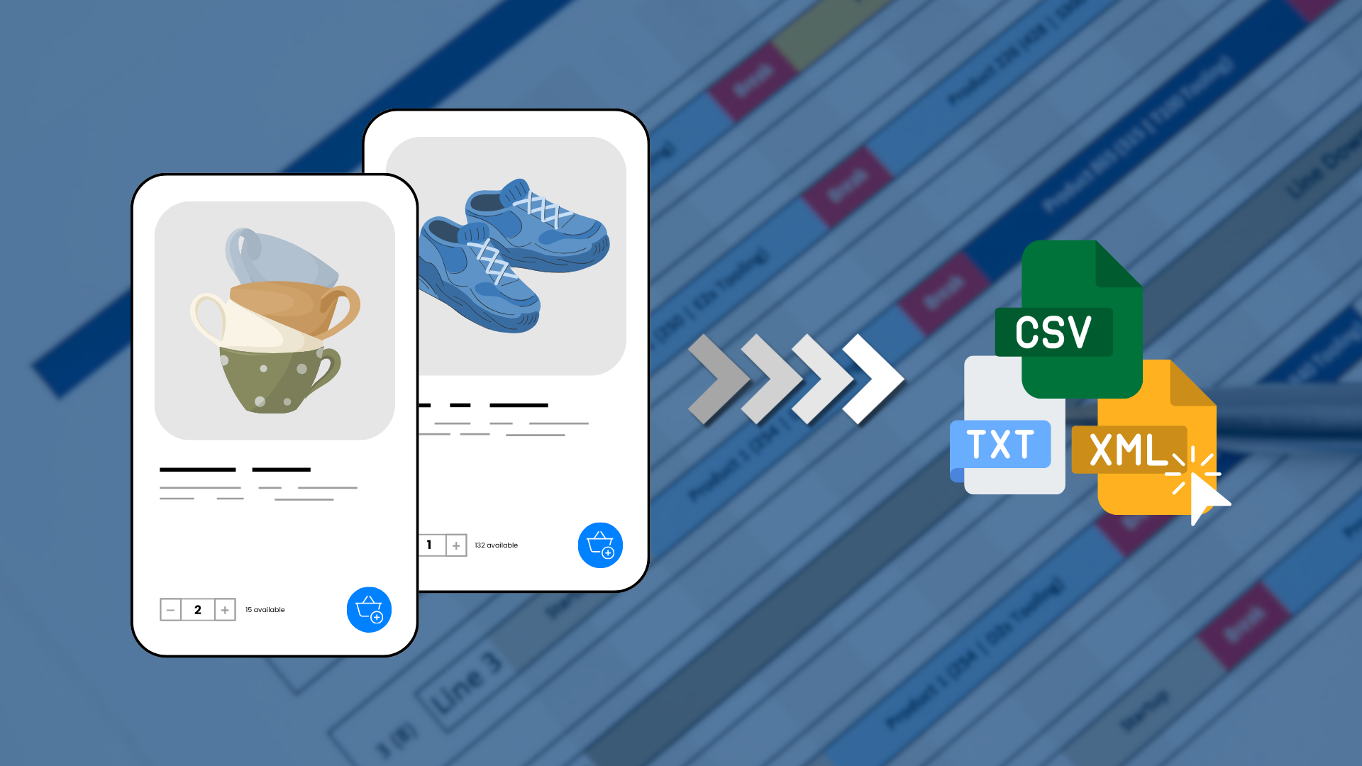 Karty produktów z kubkami i niebieskimi butami oraz strzałki prowadzące do plików CSV, TXT i XML feedu produktowego
