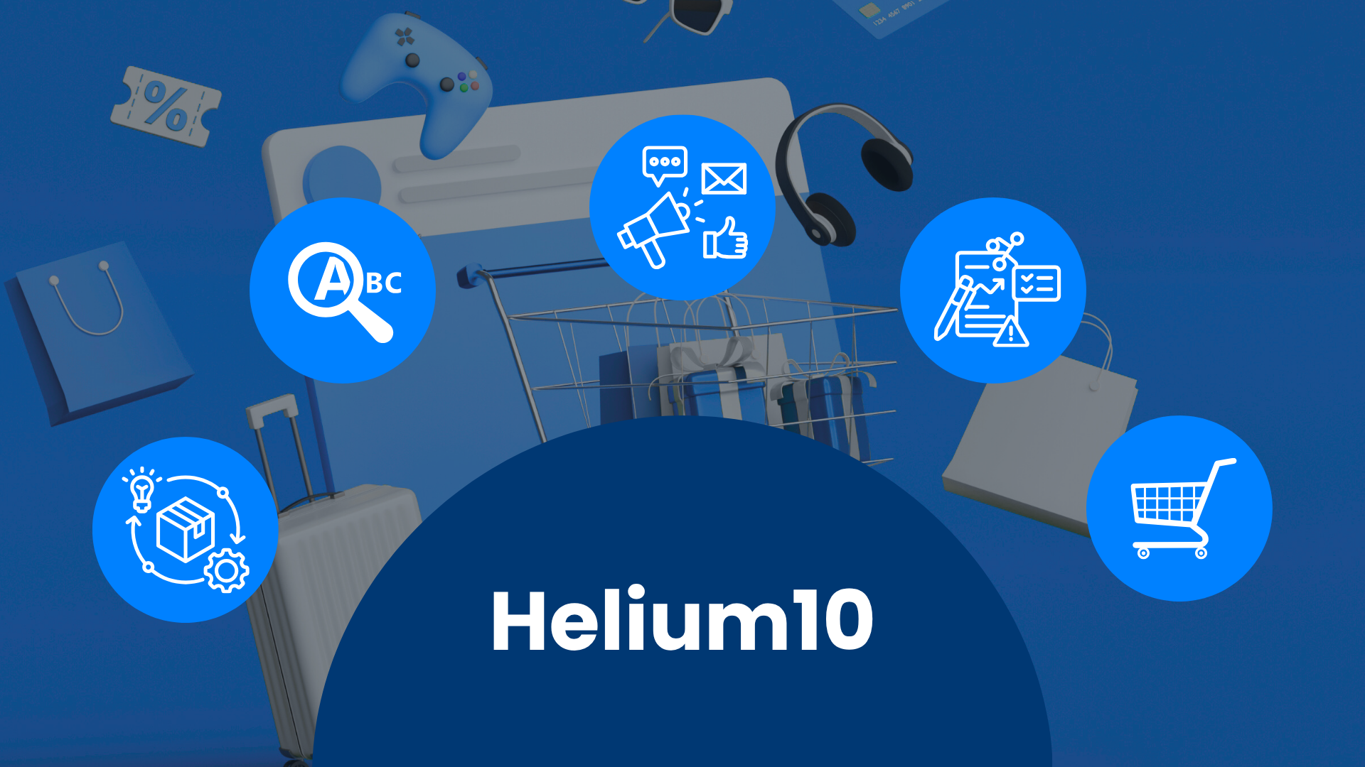Napis Helium10 otoczony ikonami researchu słów kluczowych, reklamy, analityki i produktów na tle koszyka zakupowego