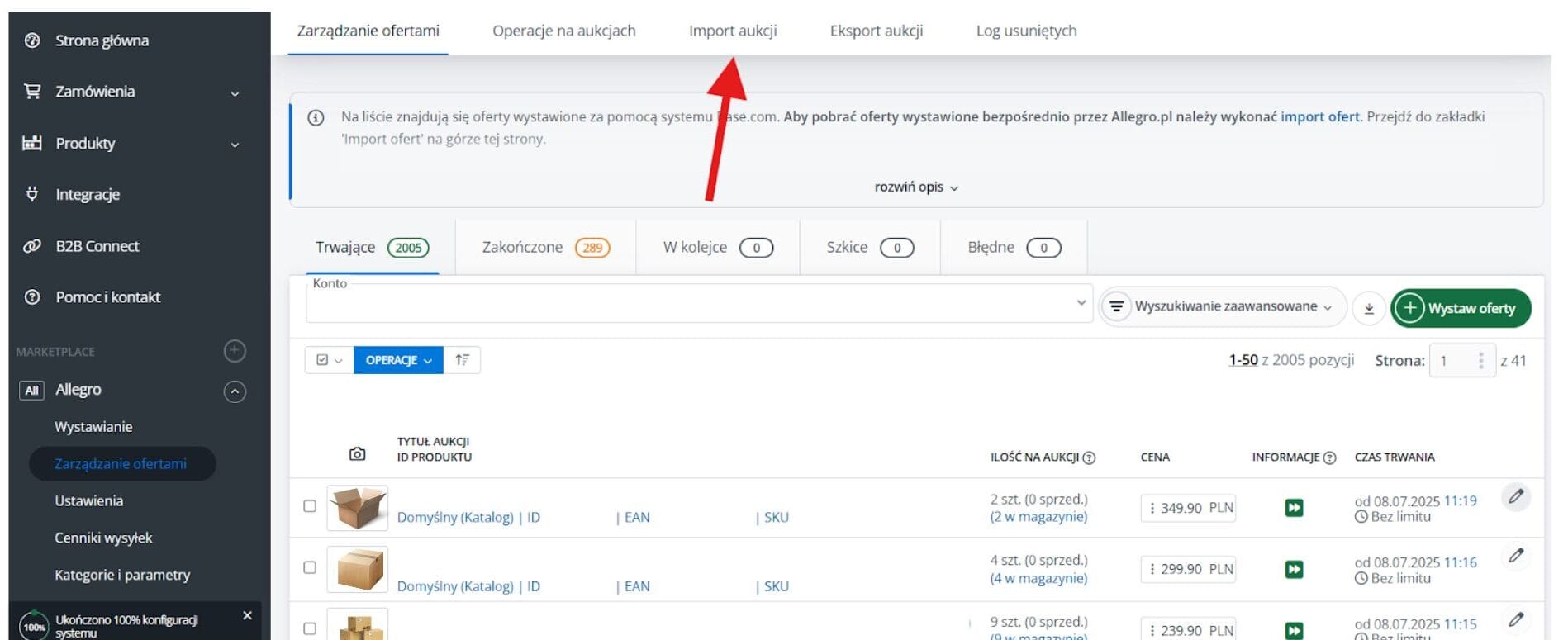 Nad listą ofert znajdziesz menu z różnymi opcjami. Kliknij "Import aukcji", aby rozpocząć proces.