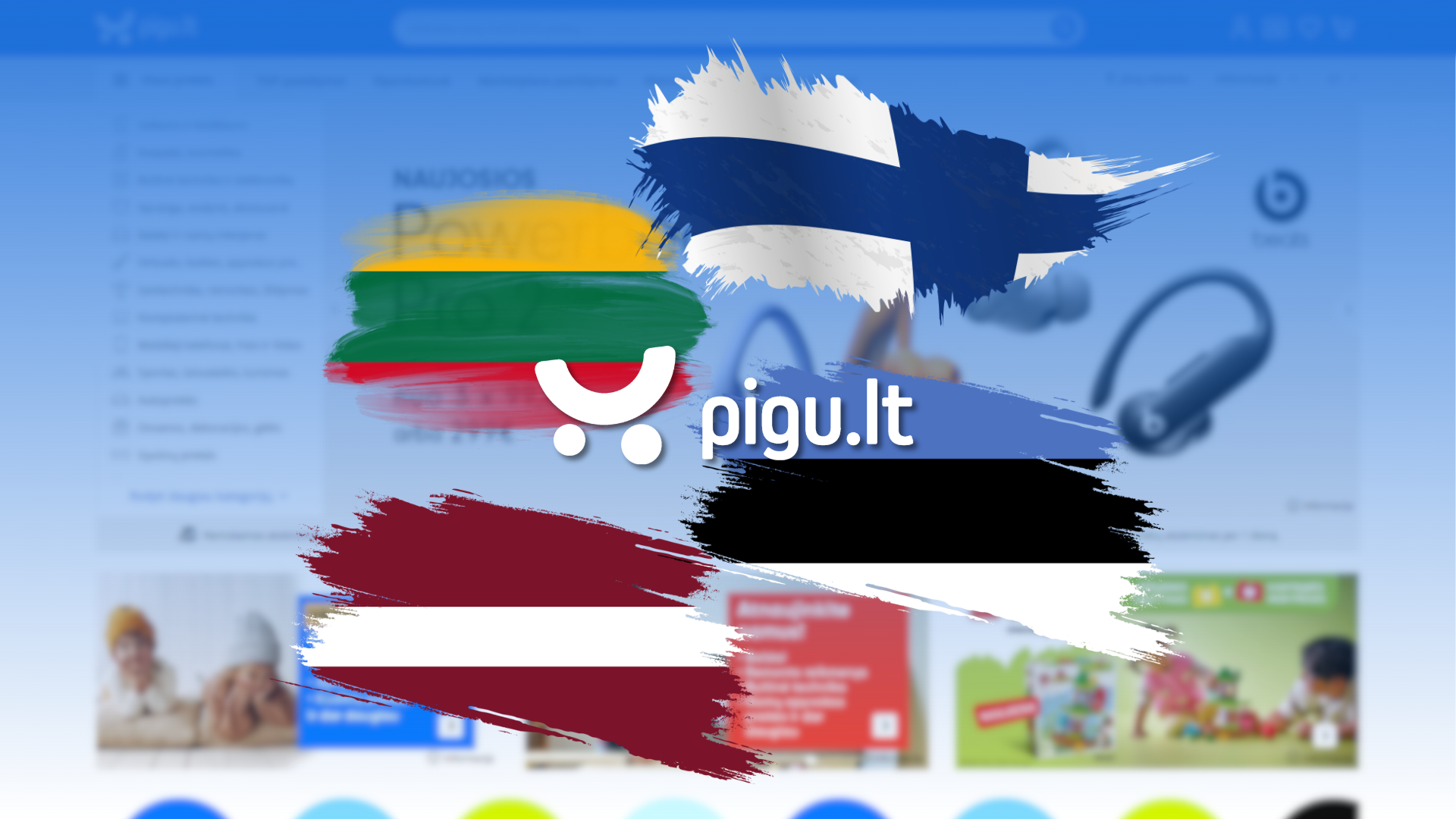 Logo Pigu otoczone flagami Litwy, Łotwy, Estonii i Finlandii na tle rozmytej strony głównej pigu.lt