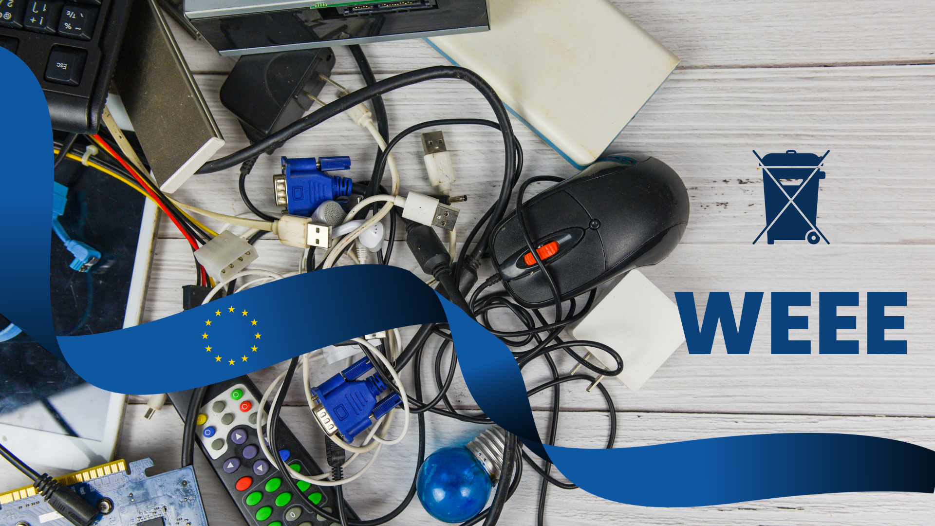 Splątane kable, wtyczki USB i VGA, myszka i pilot na białym blacie obok symbolu przekreślonego kosza i napisu WEEE