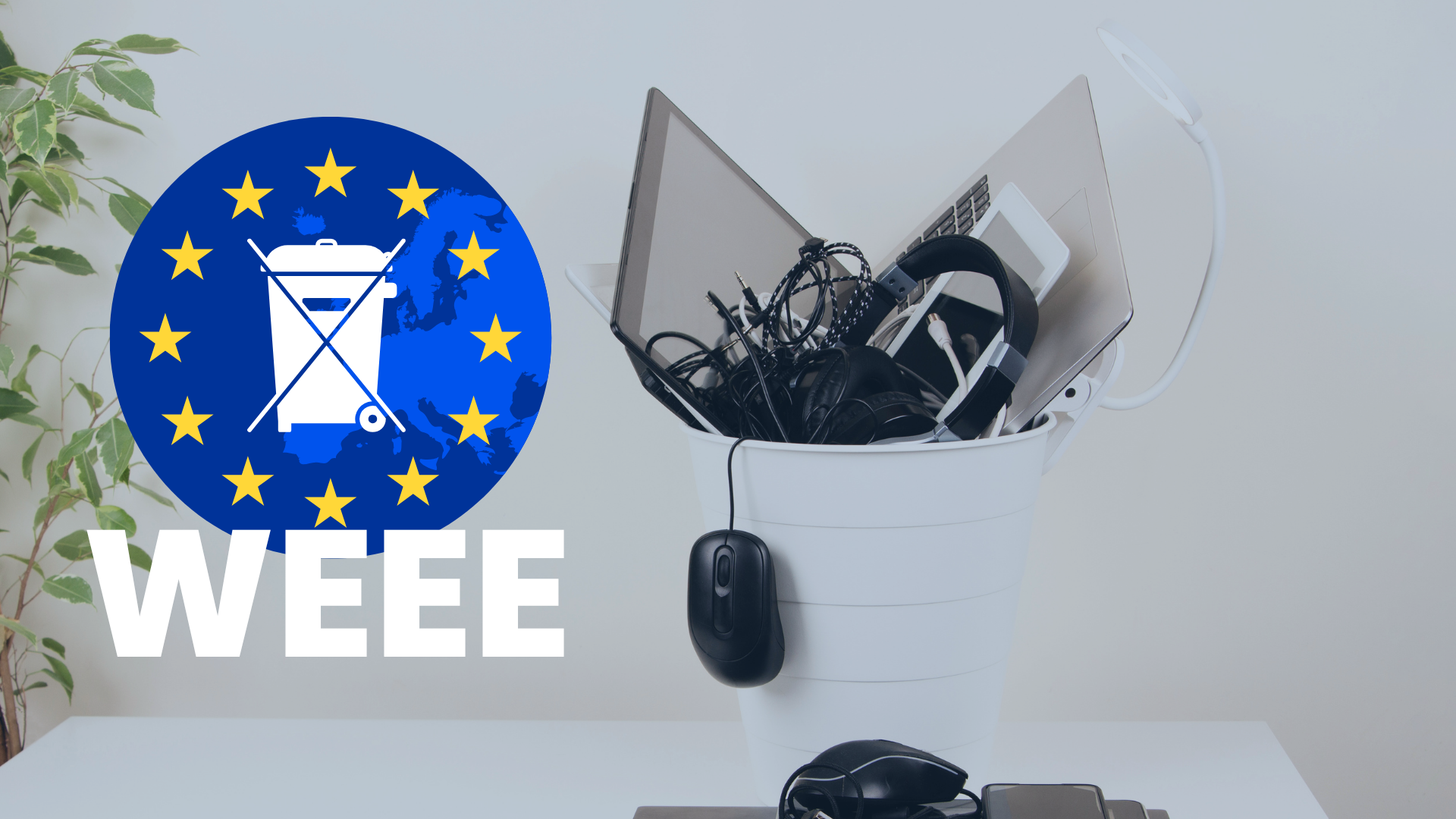 Zużyte laptopy, kable i słuchawki w koszu obok unijnego symbolu WEEE – obowiązki sprzedawców elektroniki na Amazonie